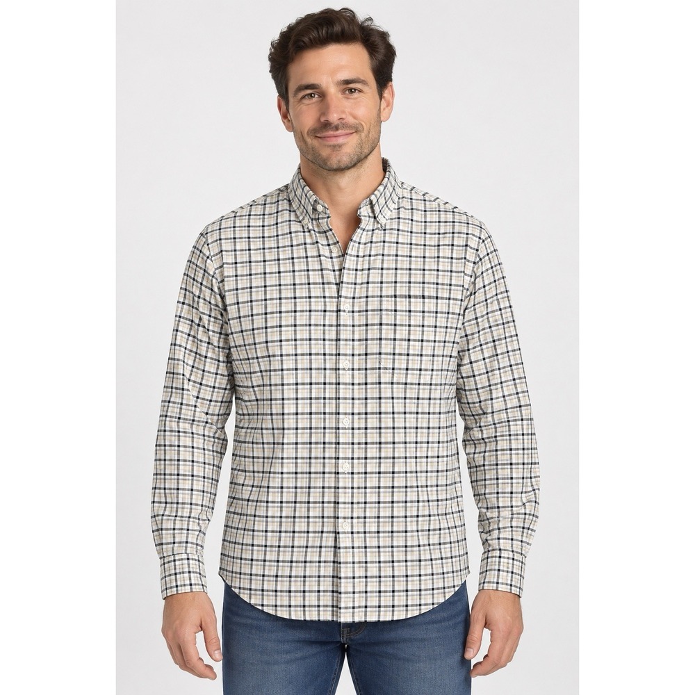 Van Heusen Flex Mens Large 16-16.5 Plaid Long Sleeve Button Down Shirt Gray Tan